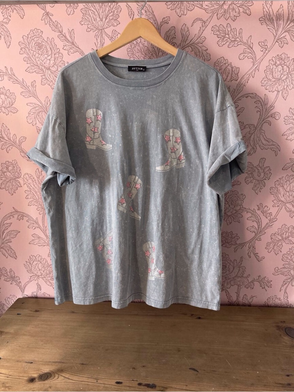 Zutter USA Cowboy Boots Pink Sparkle Star Graphic Tee Gray Size L